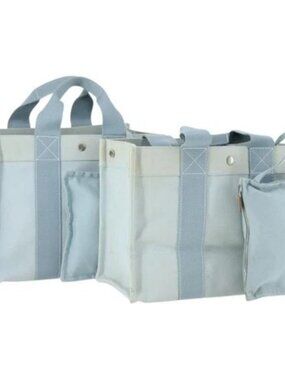 HERMES Bora Bora MM Hand Bag Canvas 2 Set Baby Blue Silver Auth mr1842